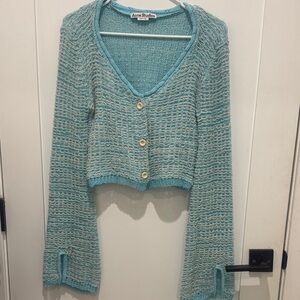 Acne Cropped Light Blue & Cream Knit Button Cardigan